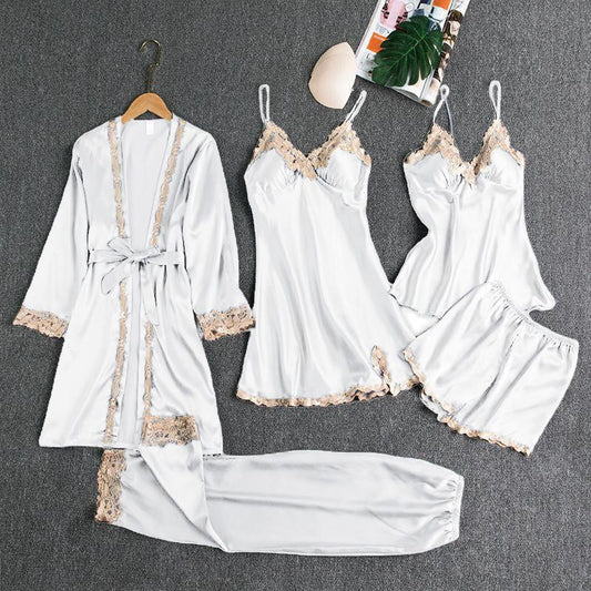 Sleepwear Female 5PCS Pajamas Set Satin Pyjamamas Lace Patchwork Bridal Wedding Nightwear Rayon Home Wear Nighty&amp;Robe Suit