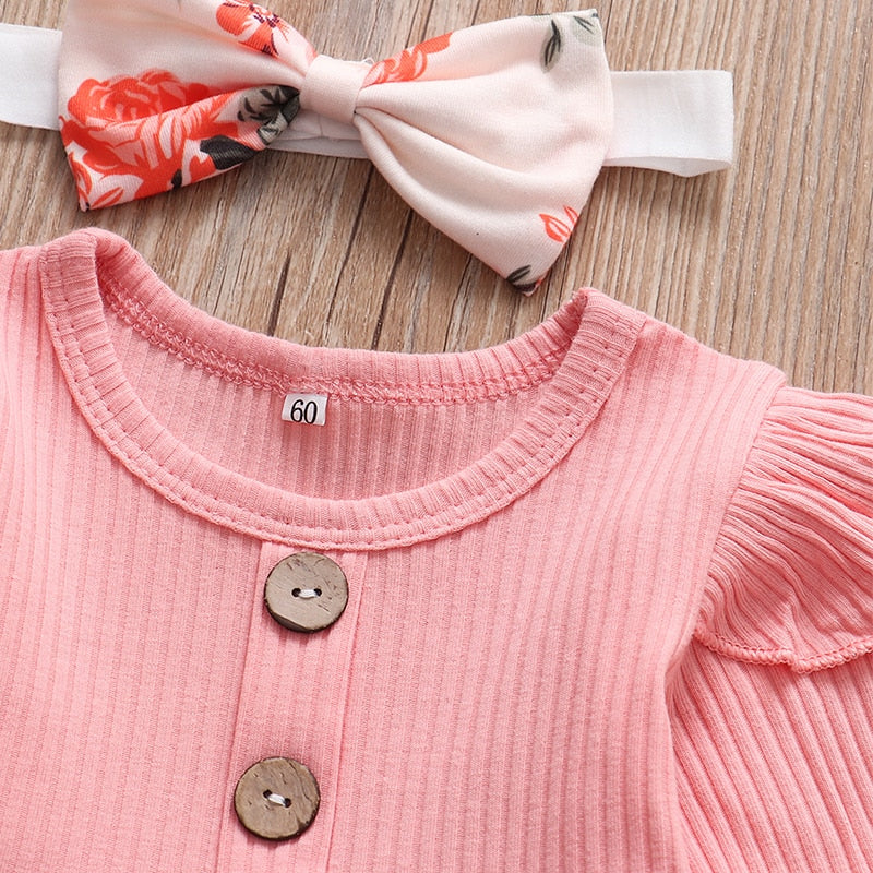 Newborn Baby Girl Clothes Set Solid Knitting Long Sleeve Tops Floral Print Pants Headband 3Pcs Outfits Casual Infant Clothing