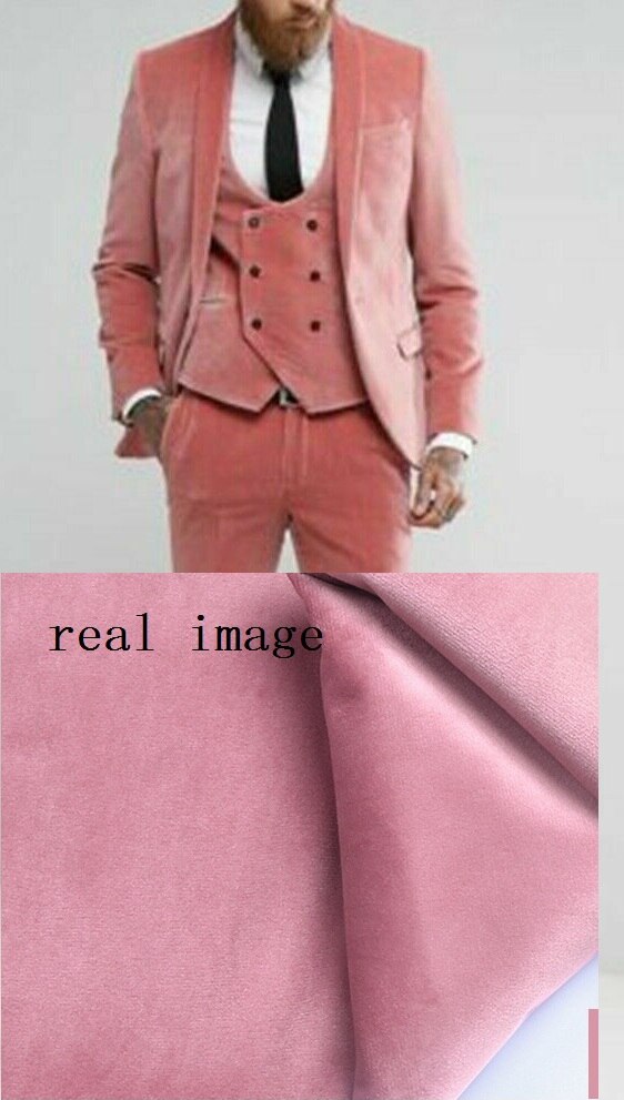 Light Blush Pink Velvet Slim Fit Men Suit Wedding Tuxedos Best Man Formal Suit Groom Blazer 3 PCS Jacket Vest Pant Ropa Hombre