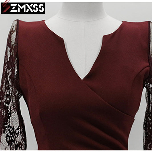 SZMXSS 2021 Korean Version Autumn New Women&#39;s Clothing V-Neck Pleated Slim Printed Pencil Dress Long-Sleeved Mini Dresses