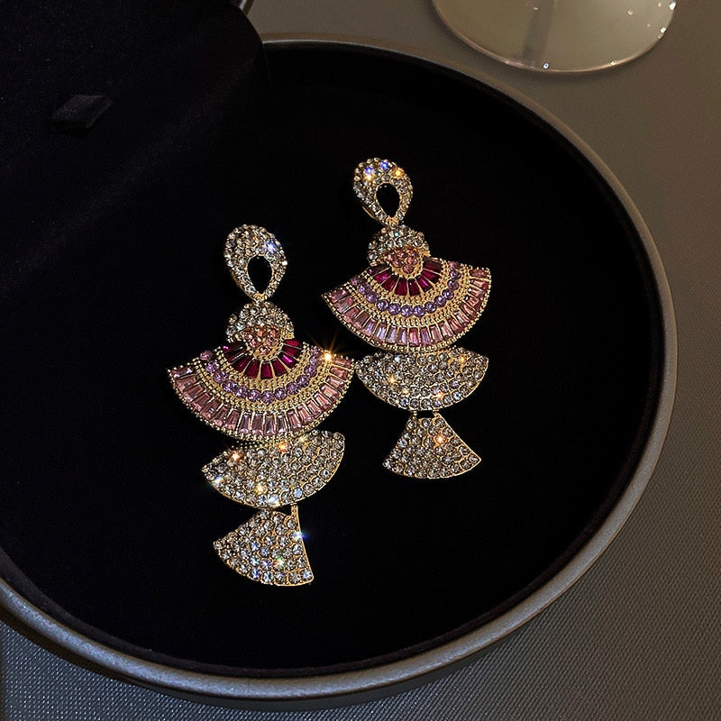 FYUAN Vintage Baroque Style Geometric Drop Earrings Women Pink Zircon Crystal Sector Dangle Earrings Banquet Jewelry Accessories