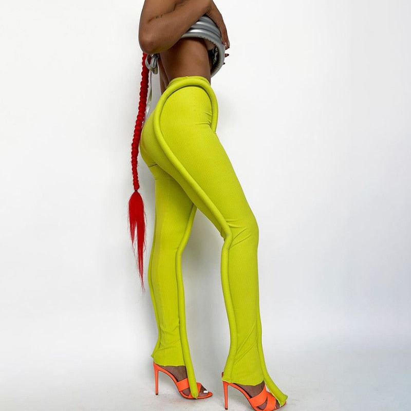 Neon Groene Geribbelde Fitness Vrouwen Leggings Mode Streetwear Mid Taille 2021 Fall Broek Sportieve Workout Leggins Casual Hot