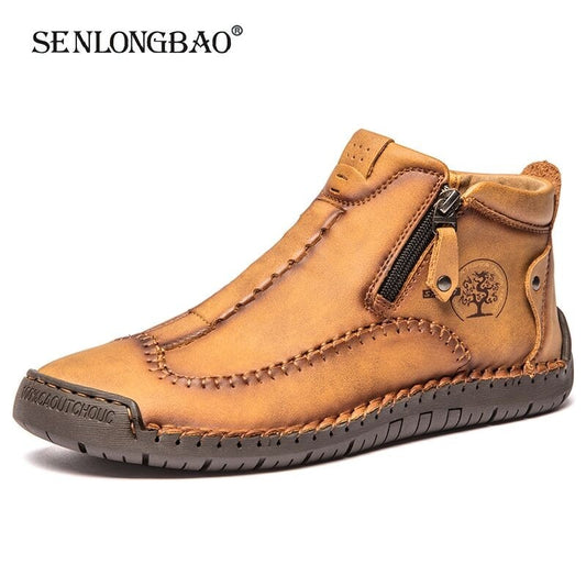 Spring Leather Men Short Boots Autumn Lace-up Flats Medium-top Shoes Outdoor Male Breathable Casual Shoes Handmade Men&#39;s Boots