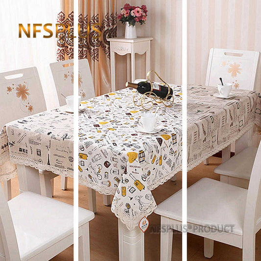 European Style Table Cloth with Lace Trim Cotton Linen Blending Fabric Table Cover Tablecloth for Wedding Christmas Picnic