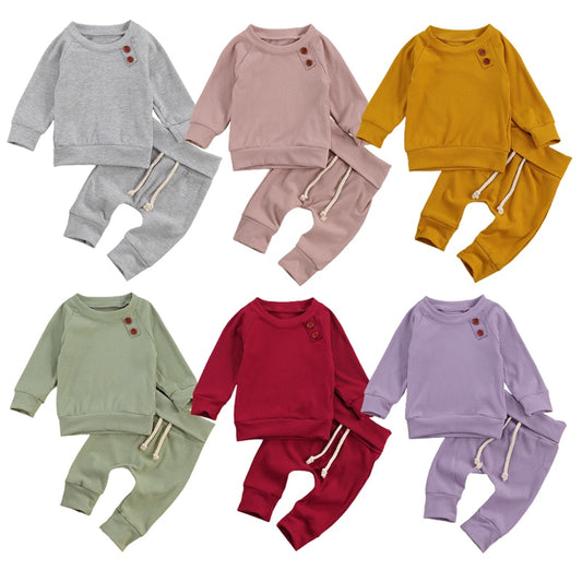 lioraitiin Newborn Baby 2-piece Outfit Set Long Sleeve Solid Color Top Pants Set for Baby Boys Girls Autumn Clothing Set