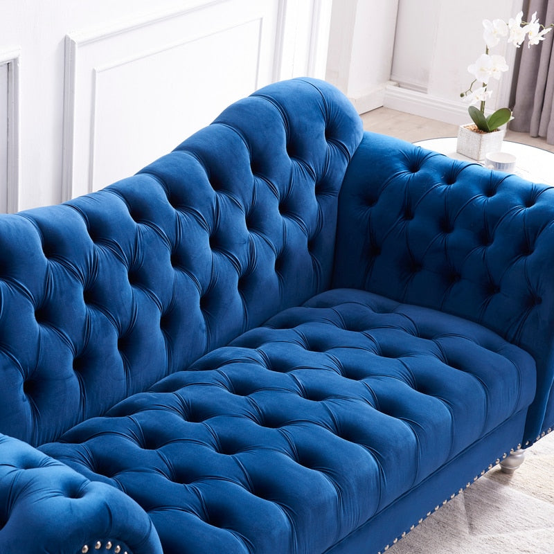 3 Piece Living Room Chesterfield Sofa Set, 3-Seater Sofa, Loveseat and Sofa Chair, with Button and Copper Nail on Arms and Back