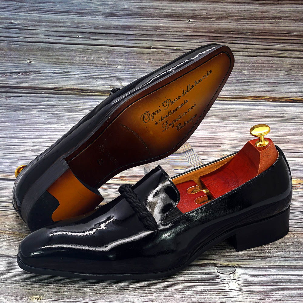 Size 7-13 Mens Dress Shoes Black Patent Leather Men Loafers With Black String Pointed Toe Party Wedding Formal Shoes Luxury