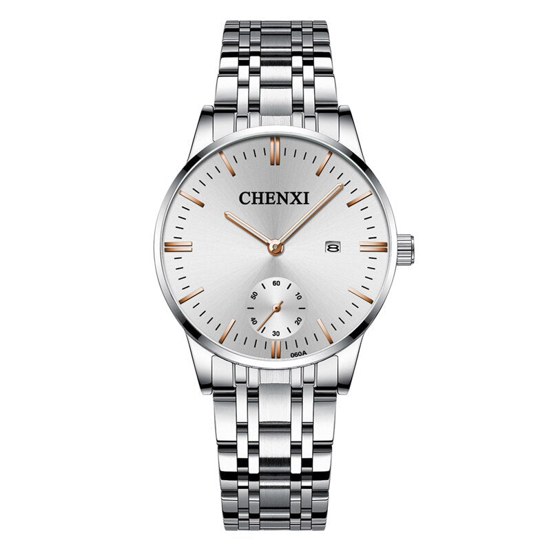 CHENXI Lover&#39;s Wristwatches Women Fashion Watches Men or Lady Quartz Watch Silver Stainless steel Waterproof Clock Date Watches
