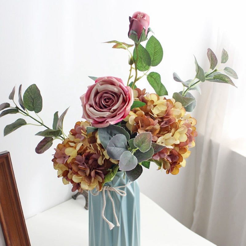 Artificial Flowers Silk Hydrangea Vase for Home Decoration Accessories Wedding Decorative Fake Plants Christmas Garland Material