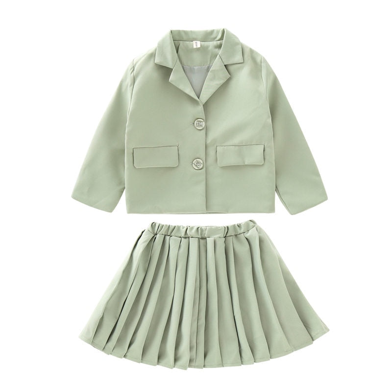 Girls Blazer Jackets Suit Children Kids Blazer+Pleated Skirt School Uniform 2Pcs Baby Spring Winter Suit Solid Color Clothes Set
