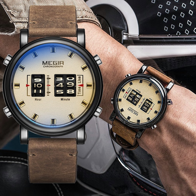 MEGIR Fashion Men&#39;s Roller Design Business Clock Men Quartz Watch Leather Waterproof Casual Sport Mens Watches Relogio Masculino