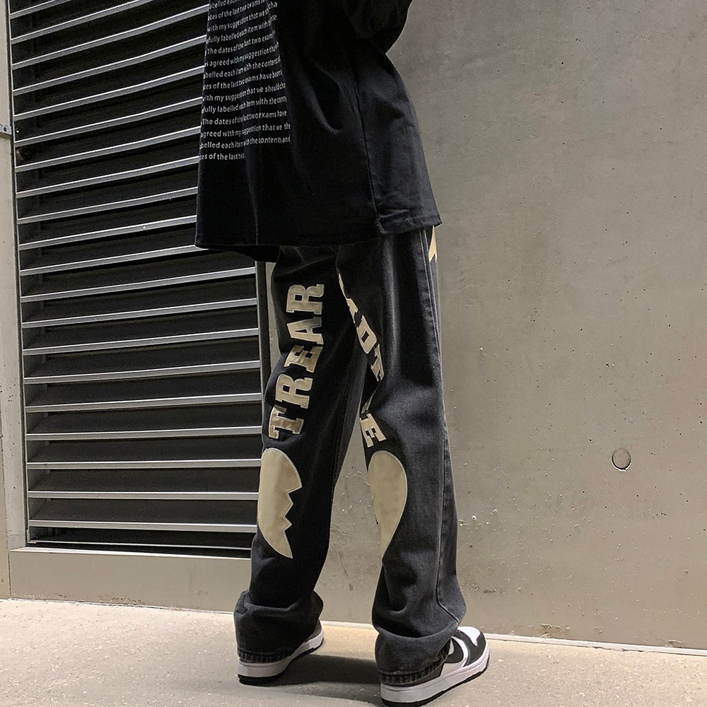 Men&#39;s Letter Printed Denim Pants Autumn Winter Fashion Straight Casual Jeans Japan Style Streetwear Hip Hop Mopping Trousers