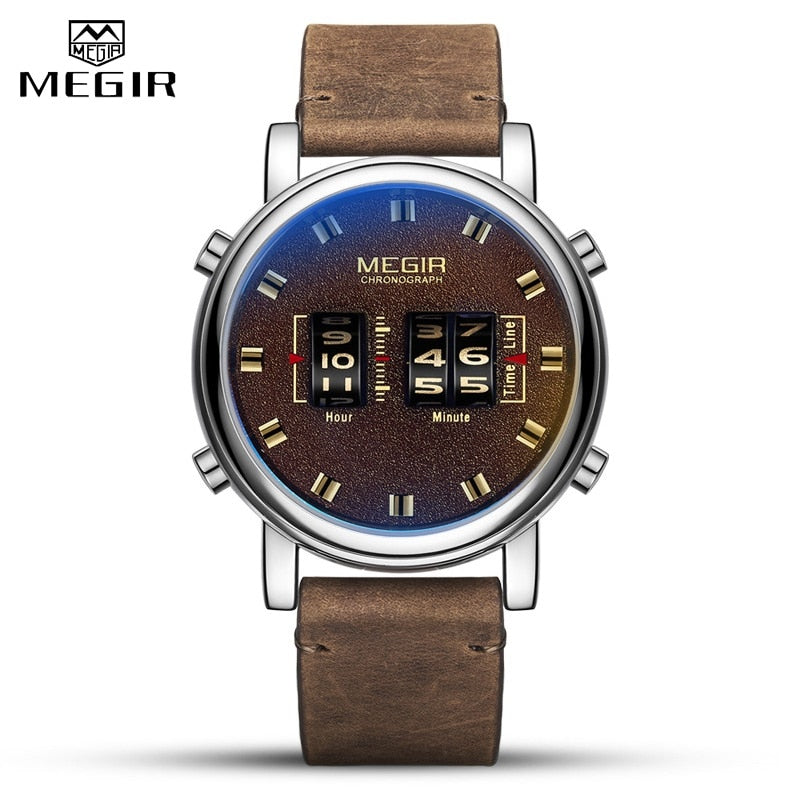MEGIR Fashion Men&#39;s Roller Design Business Clock Men Quartz Watch Leather Waterproof Casual Sport Mens Watches Relogio Masculino