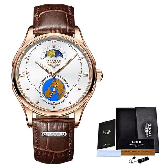 LIGE Top Brand Luxury Women&#39;s Watches Ultra-Thin Casual Quartz Watch Waterproof Moon Leather Watches For Women Relogio Feminino
