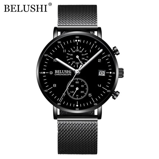 BELUSHI Fashion Men&#39;s Watches Top Brand Luxury Ultra-Thin Mesh Steel Sport Quartz Watch Men Waterproof Clock Relogio Masculino