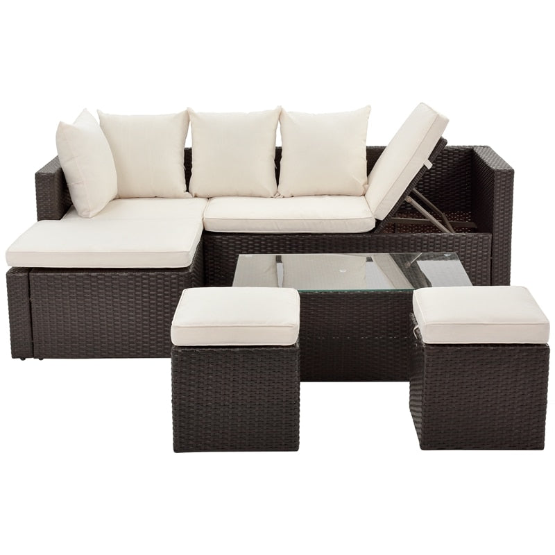 5-Piece All Weather PE Wicker Sofa Set Rattan With Tempered Glass Tea Table And Removable Cushions Adjustable Chaise Lounge