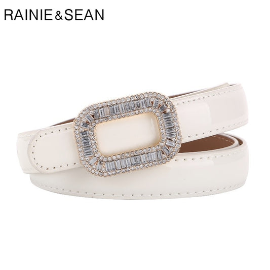 RAINIE SEAN White Patent Leather Women Belt Rhinestone Buckle Waist Belt Thin Ladies Belts for Dress Fashion Brand Accessories