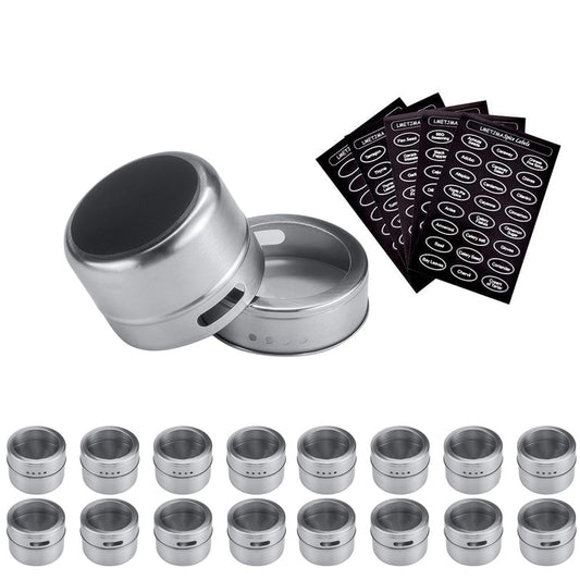 LMETJMA Magnetic Spice Jar Set With Stickers Stainless Steel Spice Tins Spice Storage Container Pepper Seasoning Sprays Tools