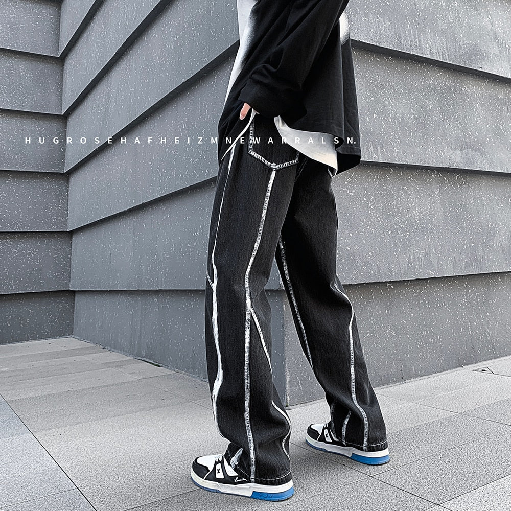 Men&#39;s High Street Line Print Denim Pants Fashion Streetwear Straight Jeans For Men Baggy Casual Biker Jeans Black/Light blue