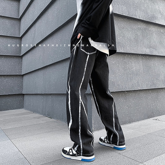 Men&#39;s High Street Line Print Denim Pants Fashion Streetwear Straight Jeans For Men Baggy Casual Biker Jeans Black/Light blue