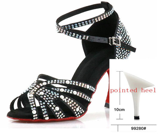 WUXIJIAO Women Latin Dance Shoes Rhinestones Soft Bottom Salsa Shoes For Dancing Ladies Sandals Women&#39;s Wedding Hight Heels 7.5C