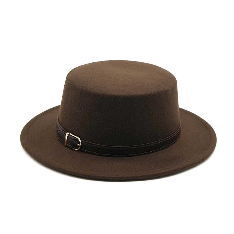 New Retro Winter Autumn women men Top hat Imitation Woolen Felt Fedora Hats Belt buckle Decorated ladies Boater Hat flat brim