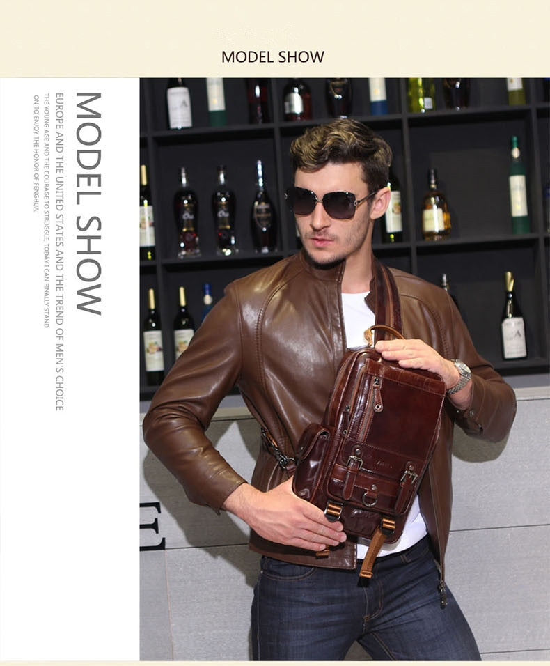 Genuine Leather Men&#39;s Bag Leather Backpack Men Chest Bag Small Casual Shoulder Bags Male Vintage Small Backpacks Cow Leather