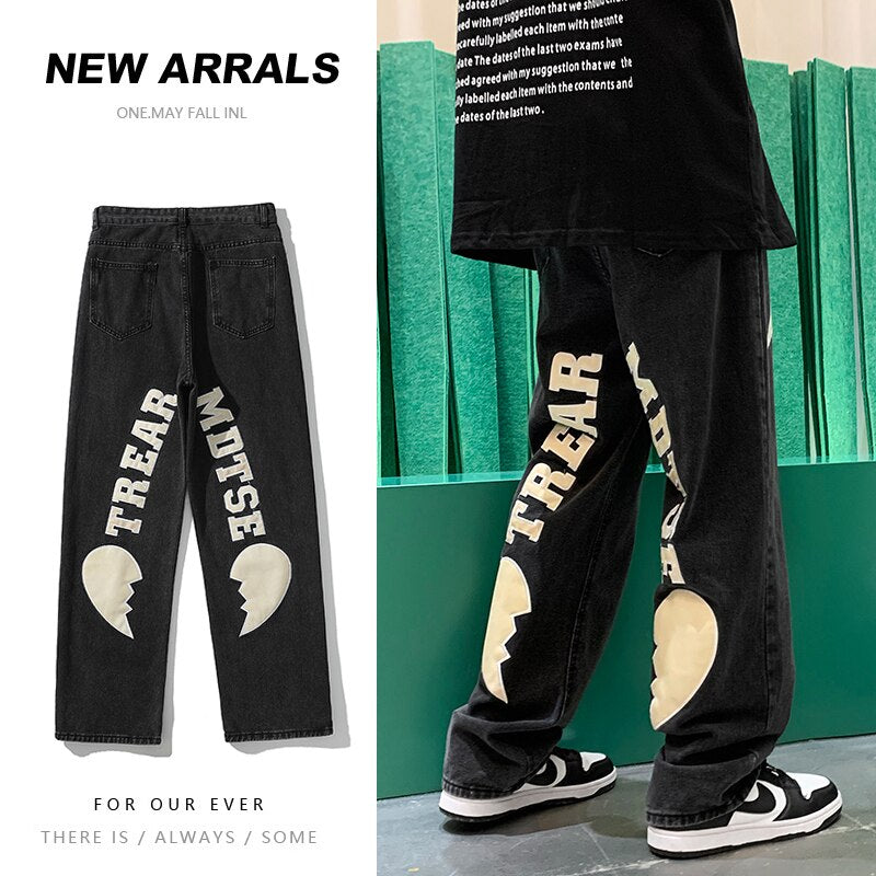 Men&#39;s Letter Printed Denim Pants Autumn Winter Fashion Straight Casual Jeans Japan Style Streetwear Hip Hop Mopping Trousers