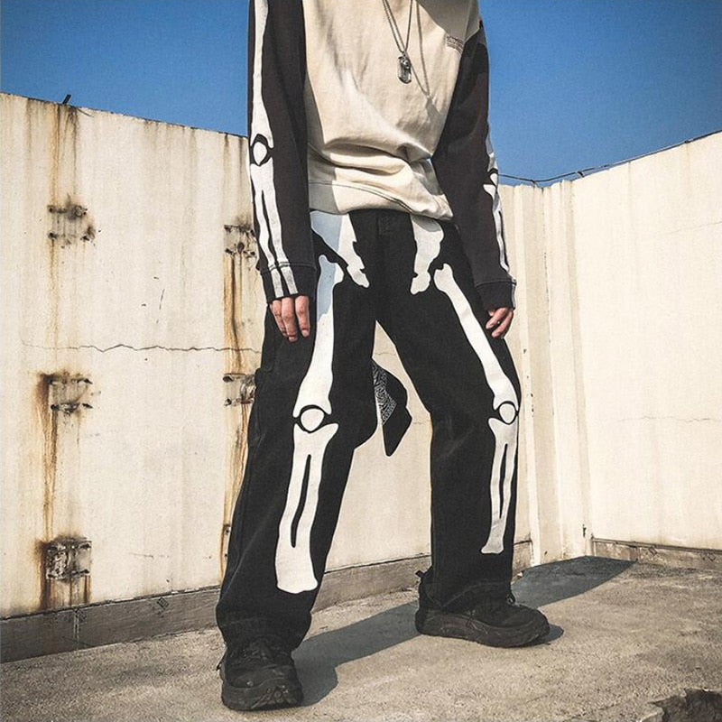 Men Jeans Skeleton Oversized Straight jeans Black Pants 2021 Denim Mens Streetwear Hip Hop Harem Pants High Wasit Denim Pants