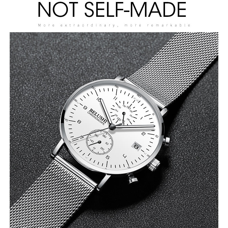 BELUSHI Fashion Men&#39;s Watches Top Brand Luxury Ultra-Thin Mesh Steel Sport Quartz Watch Men Waterproof Clock Relogio Masculino