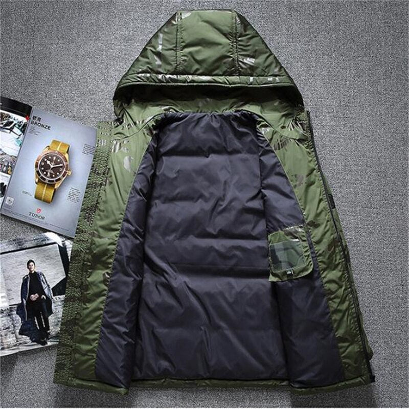 Winter Down Parkas Jacket Men, Windbreaker White Duck Down Parkas, Snow Camouflage Hooded Thicken Warm Jackets Overcoat -20 Degree