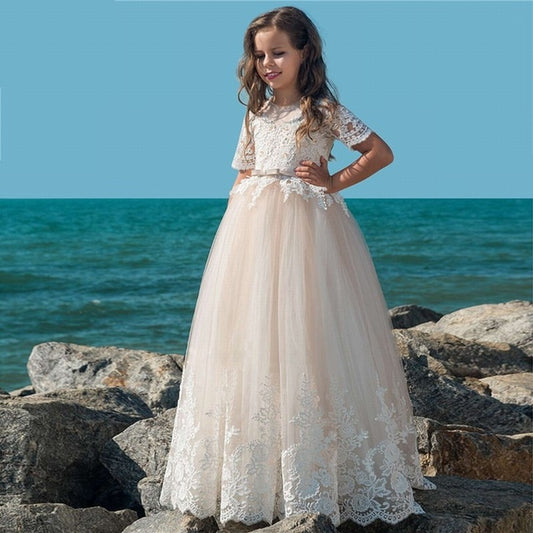 Custom Made Floor Length Kids Flower Girl Dresses for Weddings Short Sleeve Formal Princess Party Dress First Communion Dresses