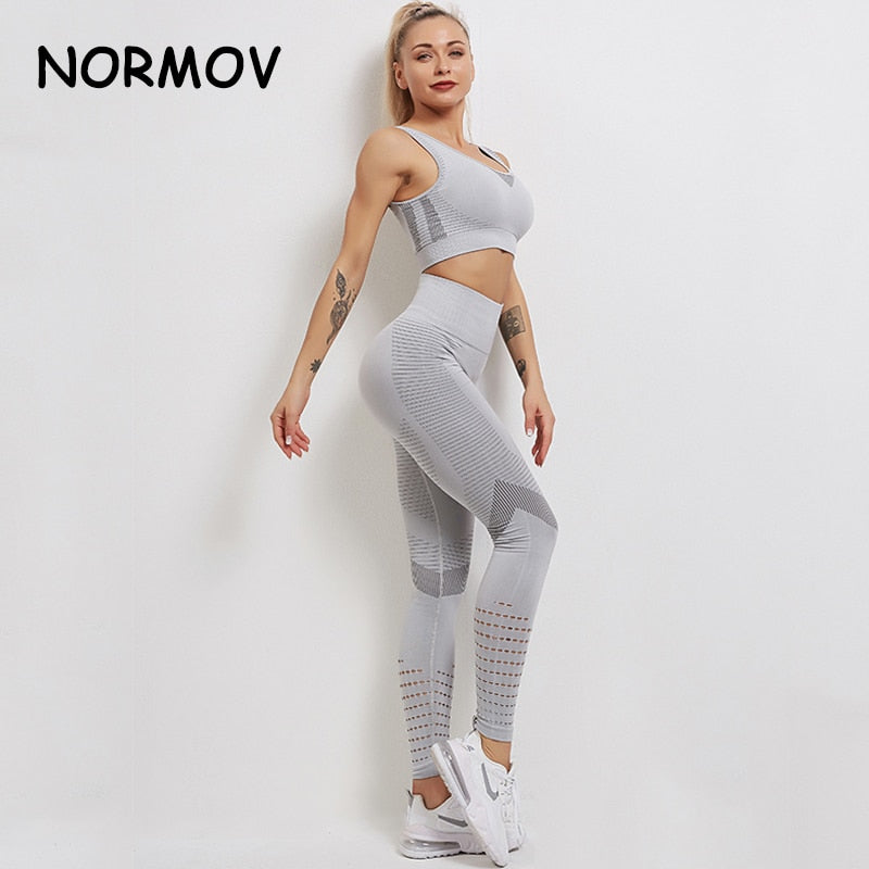 NORMOV  High Elasticity Sports Set Women Gym High Waist Fitness Workout Leggings Seamless Sports Suit Sportswear Activewear Suit