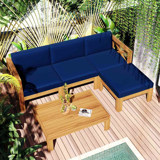 Outdoor Backyard Patio Wood 5-Piece Sectional Sofa Seating Group Set With Cushions, Natural Finish+ Blue Cushions