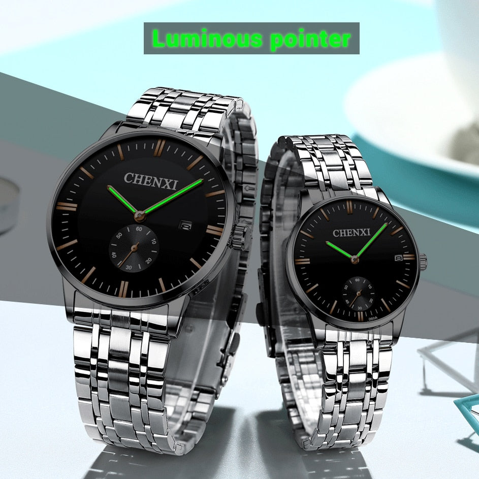 CHENXI Lover&#39;s Wristwatches Women Fashion Watches Men or Lady Quartz Watch Silver Stainless steel Waterproof Clock Date Watches