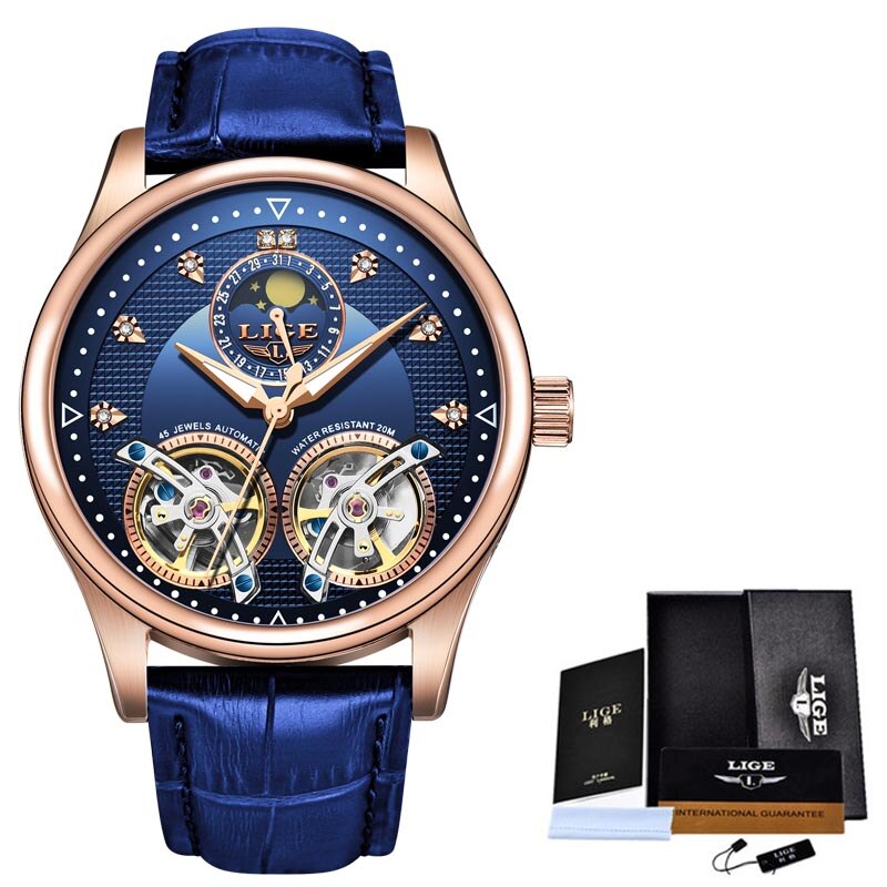 Reloj LIGE Double Tourbillon Switzerland men Watches Automatic Watch men Self-Wind Fashion Mechanical Wristwatch Leather Clock