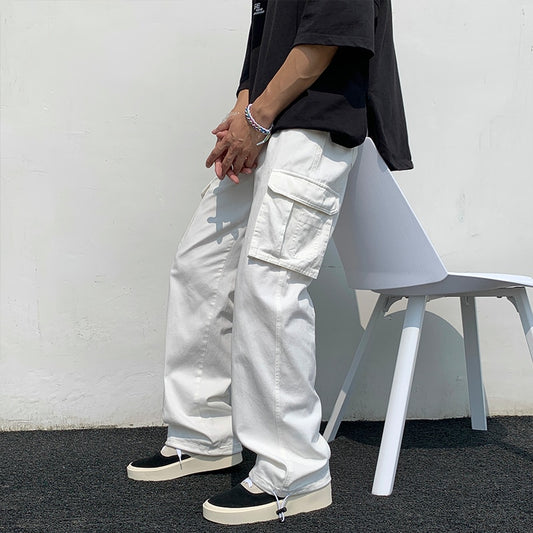 Black/white Casual Pants Men&#39;s Fashion Loose Straight Wide Leg Pants Men Streetwear Hip-hop Pocket Cargo Pants Mens Trousers