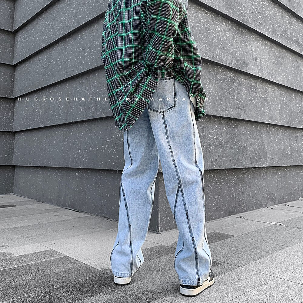 Men&#39;s High Street Line Print Denim Pants Fashion Streetwear Straight Jeans For Men Baggy Casual Biker Jeans Black/Light blue