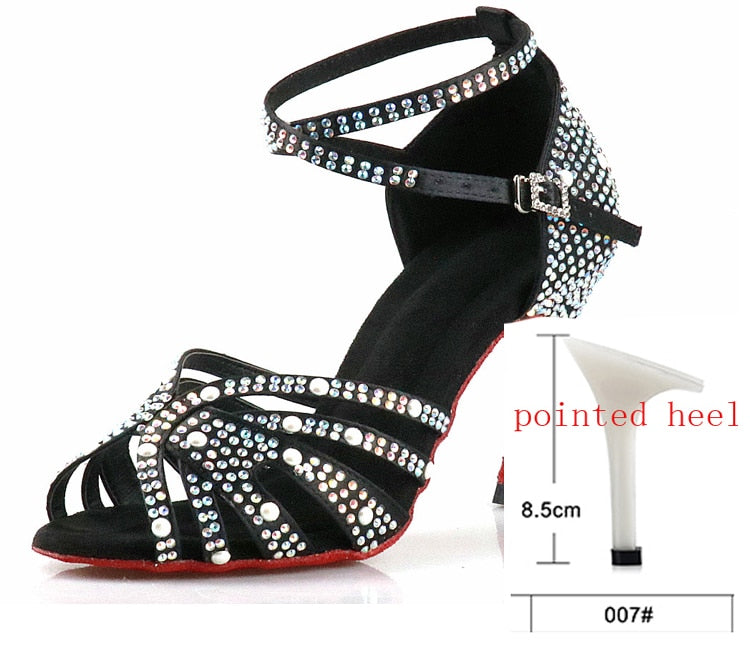 WUXIJIAO Women Latin Dance Shoes Rhinestones Soft Bottom Salsa Shoes For Dancing Ladies Sandals Women&#39;s Wedding Hight Heels 7.5C