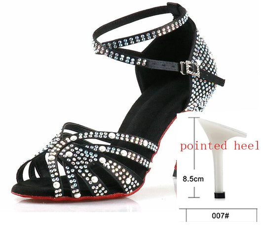 WUXIJIAO Women Latin Dance Shoes Rhinestones Soft Bottom Salsa Shoes For Dancing Ladies Sandals Women&#39;s Wedding Hight Heels 7.5C