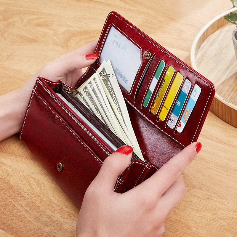 2022 New Women&#39;s Wallet Wax Oil Skin Wallet Money Bag Lady&#39;s purse Leather Bag Wallet Card Holder Portable
