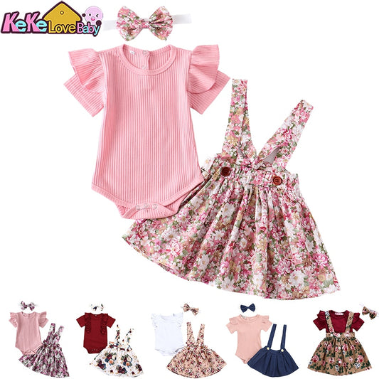 3Pcs Baby Girl Clothes Set Summer Newborn Infant Solid Color Romper Ruffle Floral Dress Overalls Outfit For Toddler Clothing