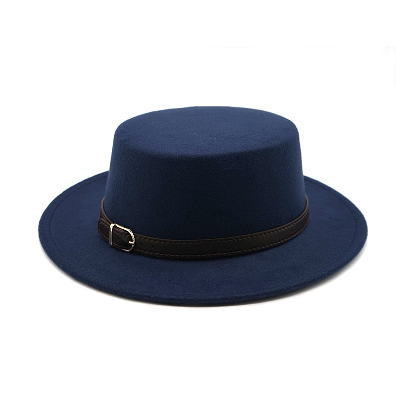 New Retro Winter Autumn women men Top hat Imitation Woolen Felt Fedora Hats Belt buckle Decorated ladies Boater Hat flat brim