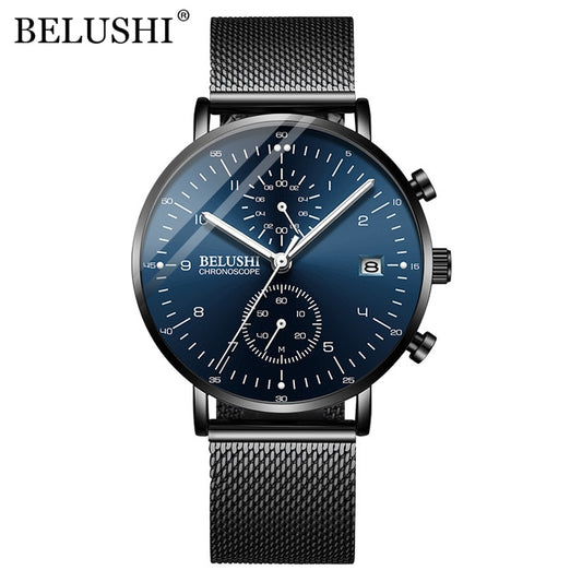 BELUSHI Fashion Men&#39;s Watches Top Brand Luxury Ultra-Thin Mesh Steel Sport Quartz Watch Men Waterproof Clock Relogio Masculino