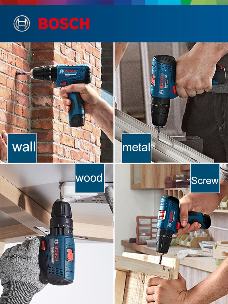Bosch 3 In 1 Electric Drill GSB 120-LI 12V Rechargeable Cordless Impact Drill Multi-function Home DIY Screwdriver Power Tool