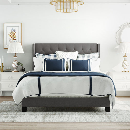 Upholstered Platform Bed with Classic Headboard, Box Spring Needed, Beige Linen Fabric, Bedroom Furniture Queen Size Beige/Gray