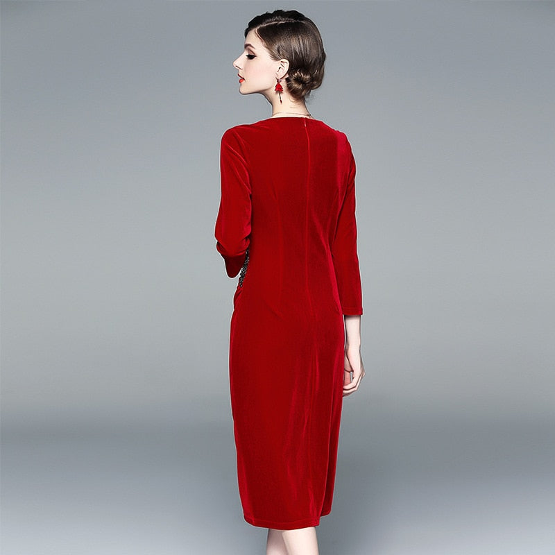 Women's Autumn new style ladies velvet beaded slim slimming dress