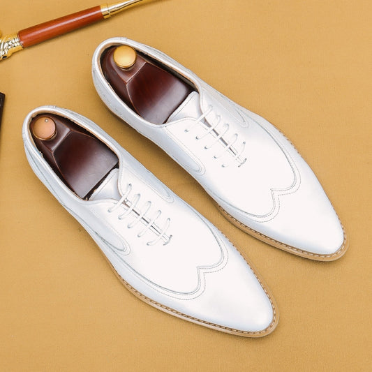 Luxury Men Formal Shoes Real Cow Leather White Solid Wedding Shoes 2022 Spring Brogue Lace Up Pointed Toe Handmade Size 46