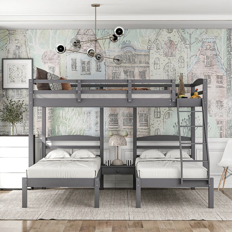 Wood Triple Bunk Bed Full Over Twin &amp; Twin Bunk Bed With Guardrails For Kids Teens Adults