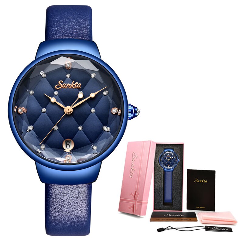 SUNKTA Women Watch Luxury Crystal Watch Women Waterproof Rose Gold Steel Strap Ladies WristWatches Top Brand Bracelet Clock+Box